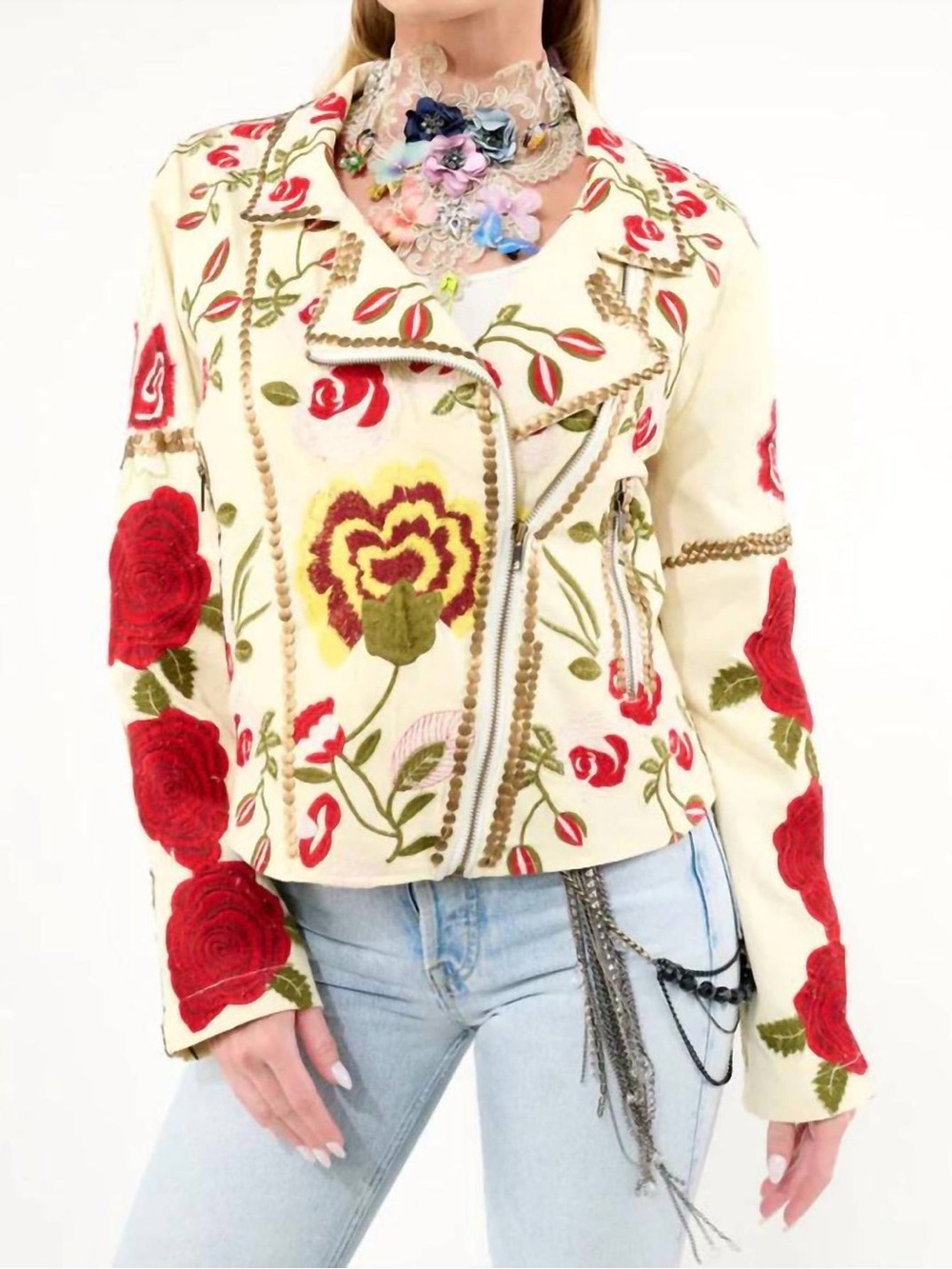 Aratta Cream Cotton Moto Jacket with Red Rose Embroidery